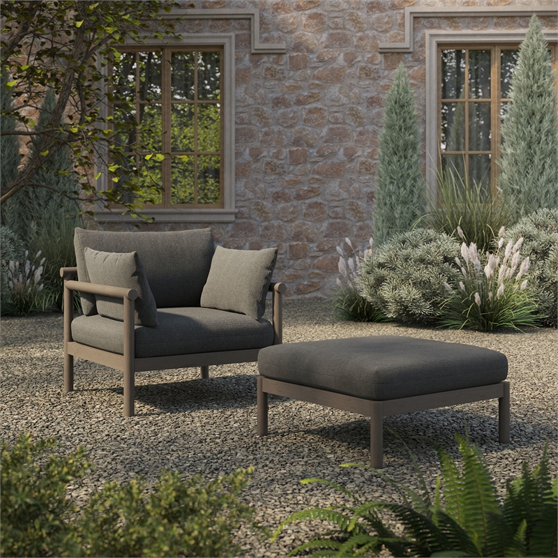 Eleni 2-Piece Outdoor Teak Wood Armchair and Ottoman Set in Weathered Gray Flint