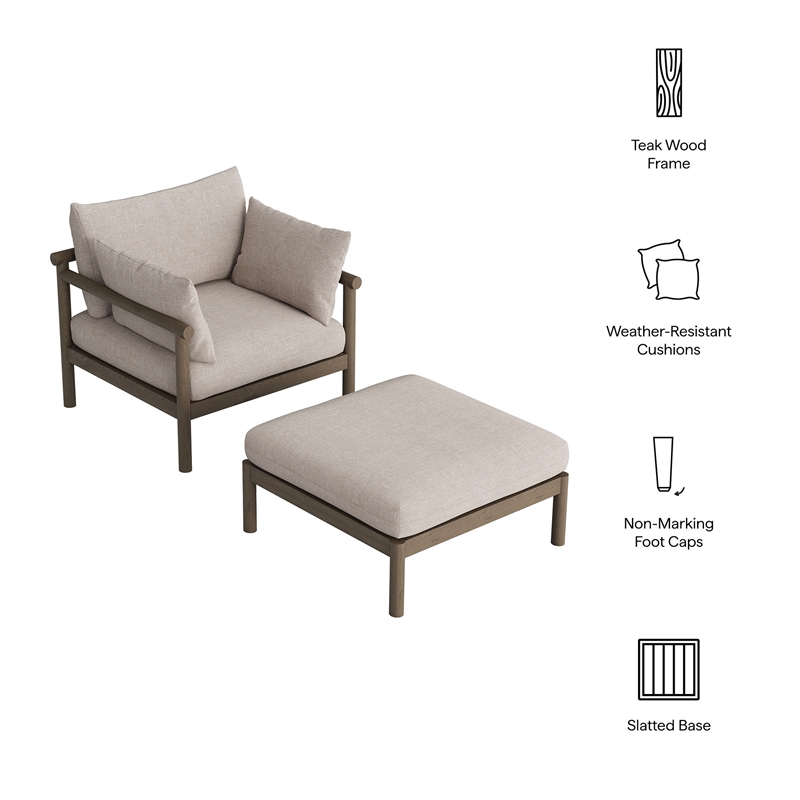 Eleni 2-Piece Outdoor Teak Wood Armchair and Ottoman Set in Weathered Gray Pebble