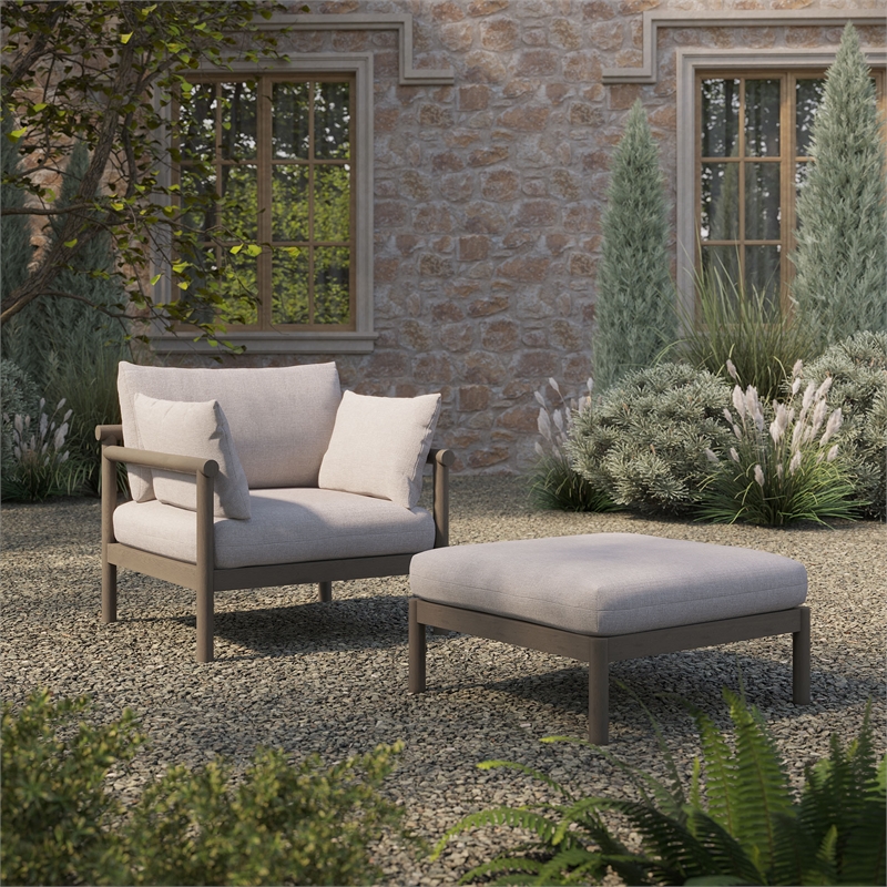 Eleni 2-Piece Outdoor Teak Wood Armchair and Ottoman Set in Weathered Gray Pebble