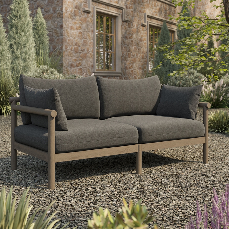 Eleni Outdoor Teak Wood Loveseat in Weathered Gray Flint