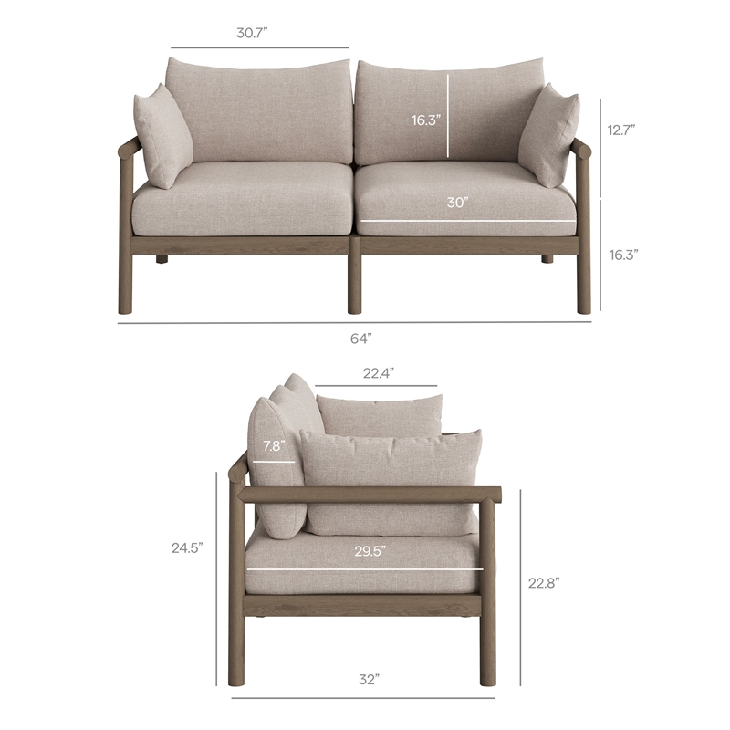Eleni Outdoor Teak Wood Loveseat in Weathered Gray Pebble