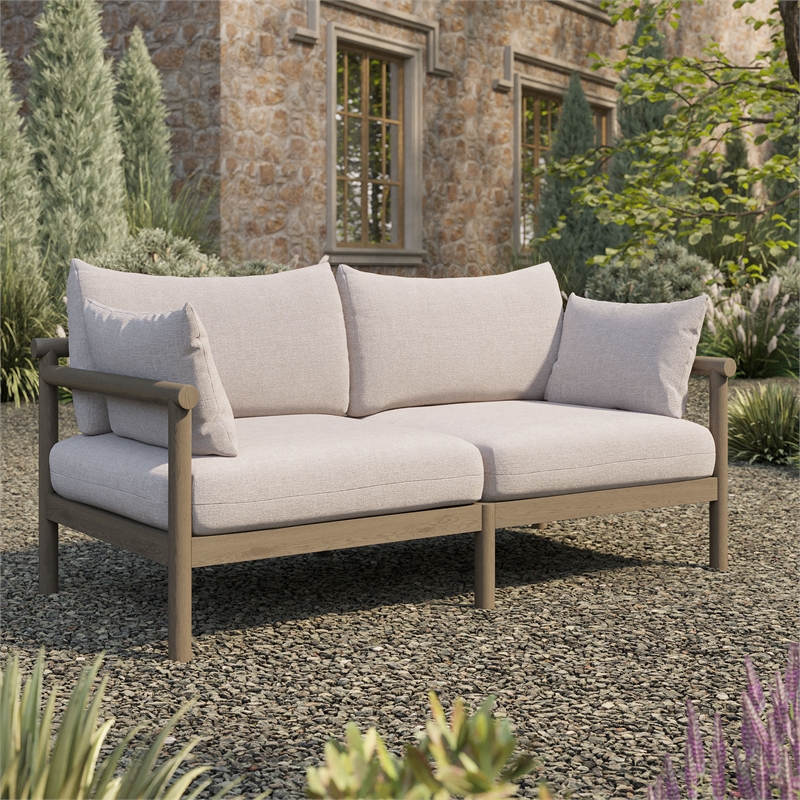 Eleni Outdoor Teak Wood Loveseat in Weathered Gray Pebble