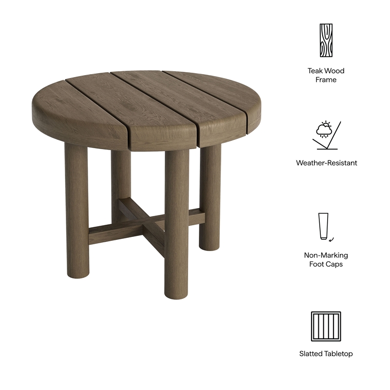 Eleni 20-Inch Round Outdoor Teak Wood Side Table in Weathered Gray Teak