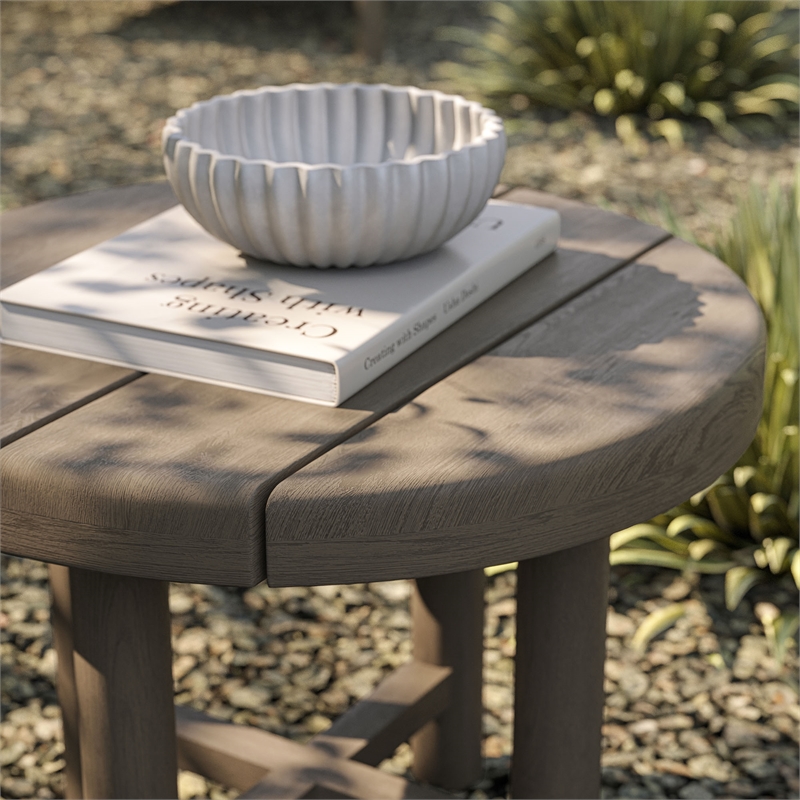 Eleni 20-Inch Round Outdoor Teak Wood Side Table in Weathered Gray Teak