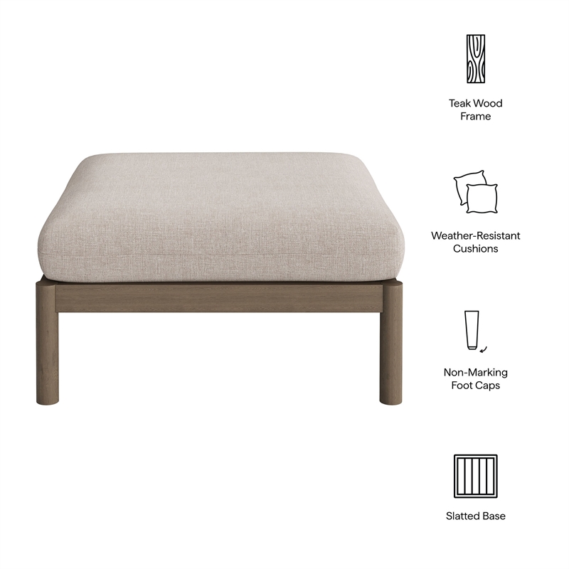 Eleni Square Outdoor Teak Wood Ottoman in Weathered Gray Pebble