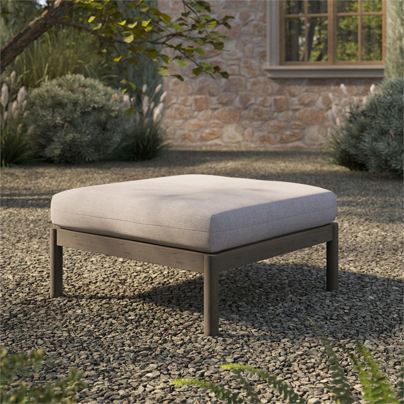 Eleni Square Outdoor Teak Wood Ottoman in Weathered Gray Pebble
