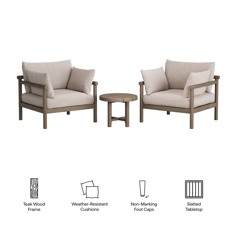 Eleni 3-Piece Outdoor Teak Wood Furniture Set in Weathered Gray Pebble