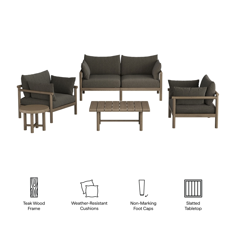 Eleni 5-Piece Outdoor Teak Wood Furniture Set in Weathered Gray Flint