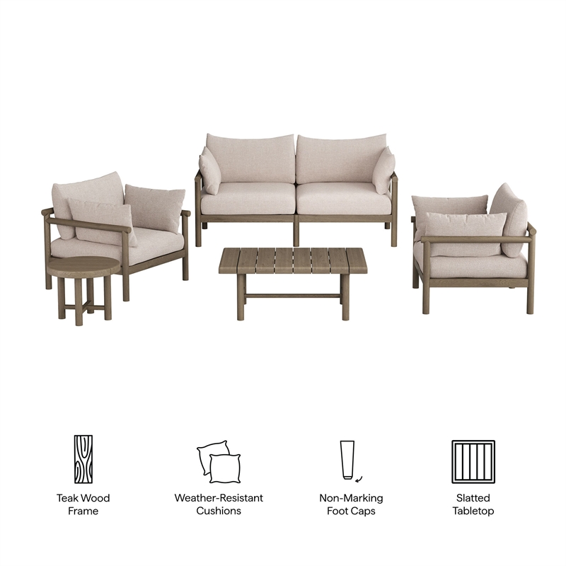 Eleni 5-Piece Outdoor Teak Wood Furniture Set in Weathered Gray Pebble