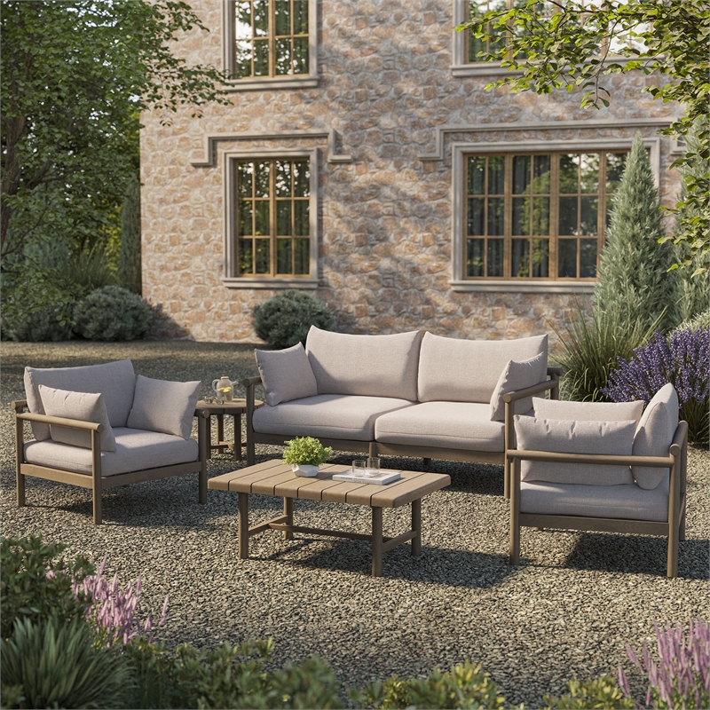 Eleni 5-Piece Outdoor Teak Wood Furniture Set in Weathered Gray Pebble