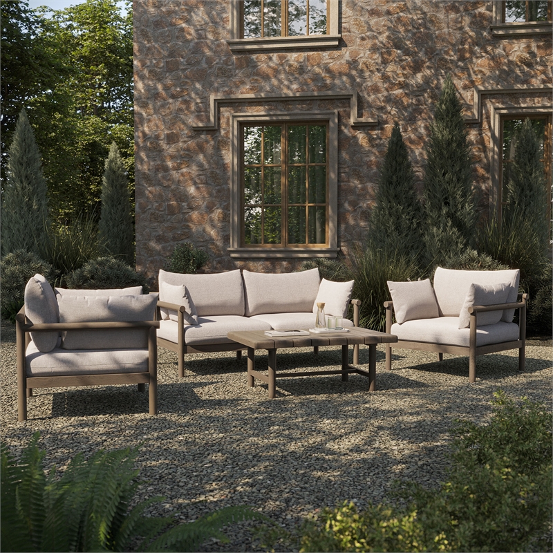 Eleni 4-Piece Outdoor Teak Wood Sofa Set in Weathered Gray Pebble