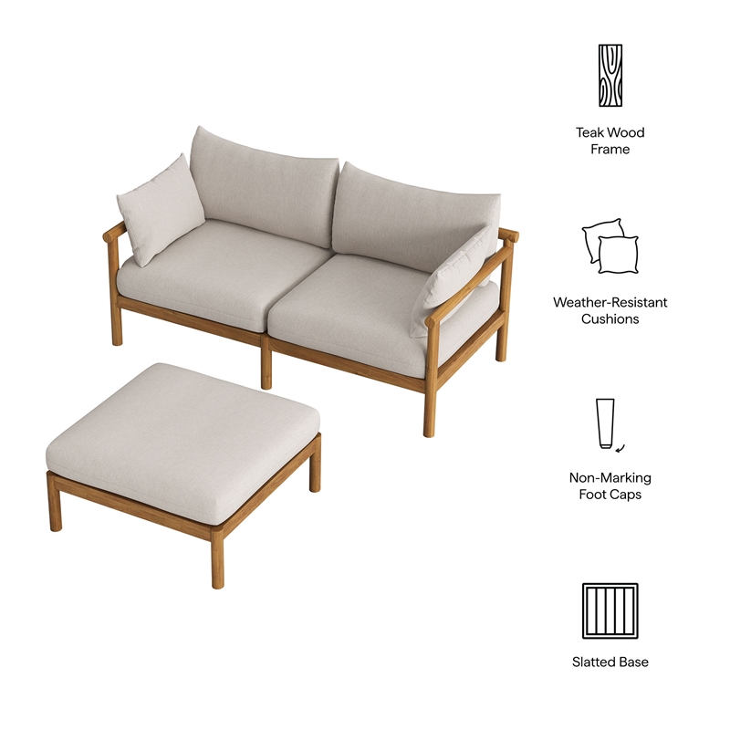 Eleni 2-Piece Outdoor Teak Wood Loveseat with Ottoman Set in Natural Sail