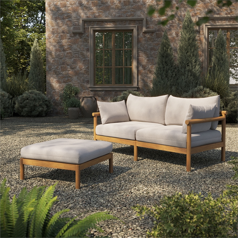 Eleni 2-Piece Outdoor Teak Wood Loveseat with Ottoman Set in Natural Sail