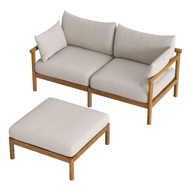 Eleni 2-Piece Outdoor Teak Wood Loveseat with Ottoman Set in Natural Sail