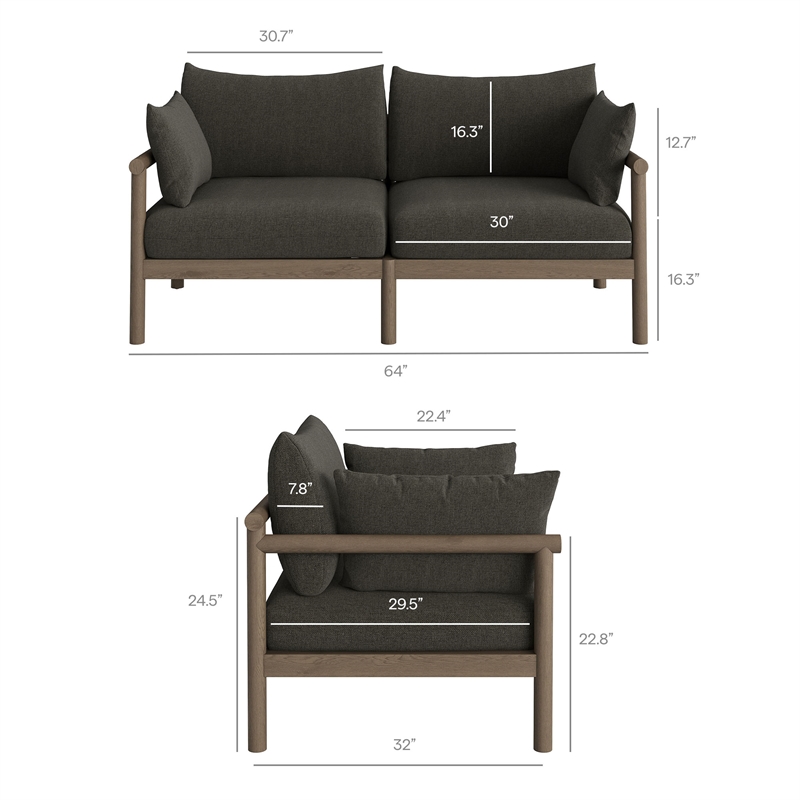 Eleni 2-Piece Outdoor Teak Wood Loveseat with Ottoman Set in Weathered Gray Flint