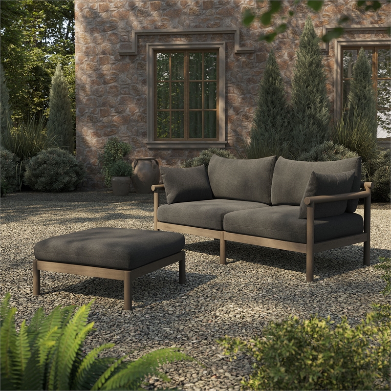 Eleni 2-Piece Outdoor Teak Wood Loveseat with Ottoman Set in Weathered Gray Flint