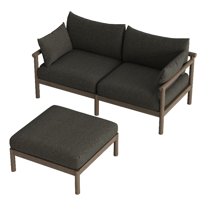 Eleni 2-Piece Outdoor Teak Wood Loveseat with Ottoman Set in Weathered Gray Flint