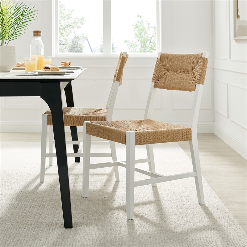 Modway Bodie Elm Wood Dining Side Chair With Paper Rope Seat in White Natural