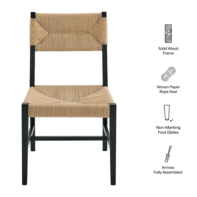 Modway Bodie Elm Wood Dining Side Chair With Paper Rope Seat in Black Natural