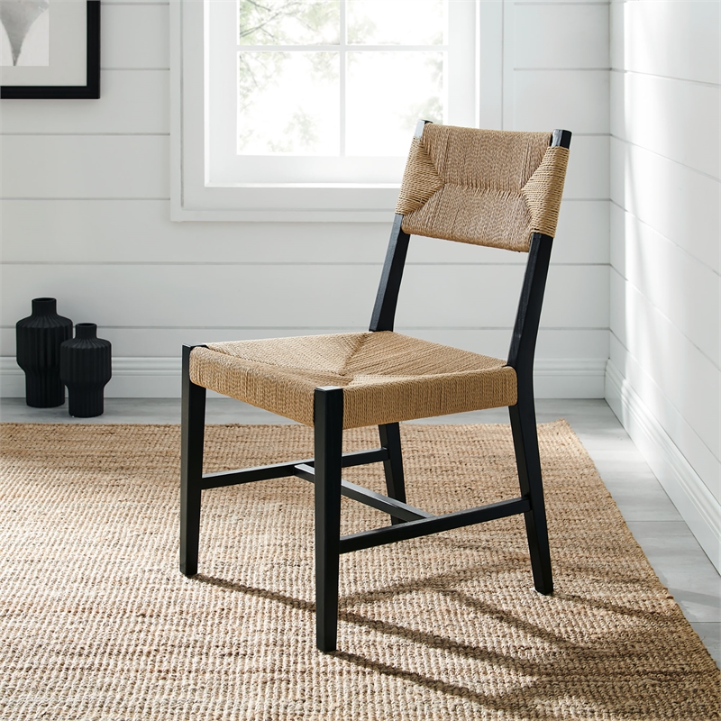 Modway Bodie Elm Wood Dining Side Chair With Paper Rope Seat in Black Natural