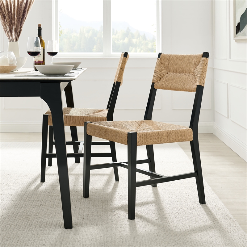 Modway Bodie Elm Wood Dining Side Chair With Paper Rope Seat in Black Natural