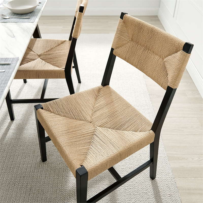 Modway Bodie Elm Wood Dining Side Chair With Paper Rope Seat in Black Natural