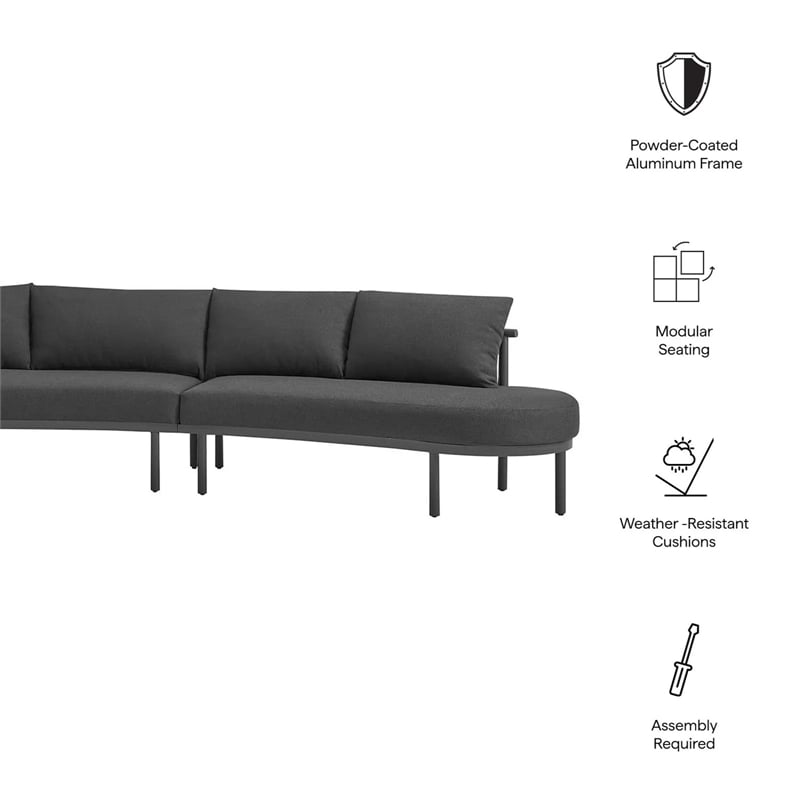 Modway Porta 3 Piece Outdoor Aluminum Modular Sofa in Charcoal Anthracite