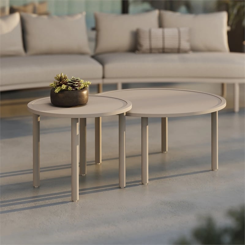 Modway Porta 2 Piece Nesting Outdoor Aluminum Coffee Table Set in Khaki Stone