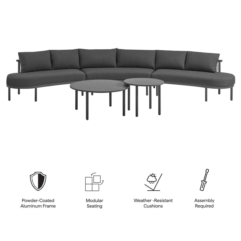 Modway Porta 5 Piece Outdoor Aluminum Modular Sofa Set in Charcoal Anthracite