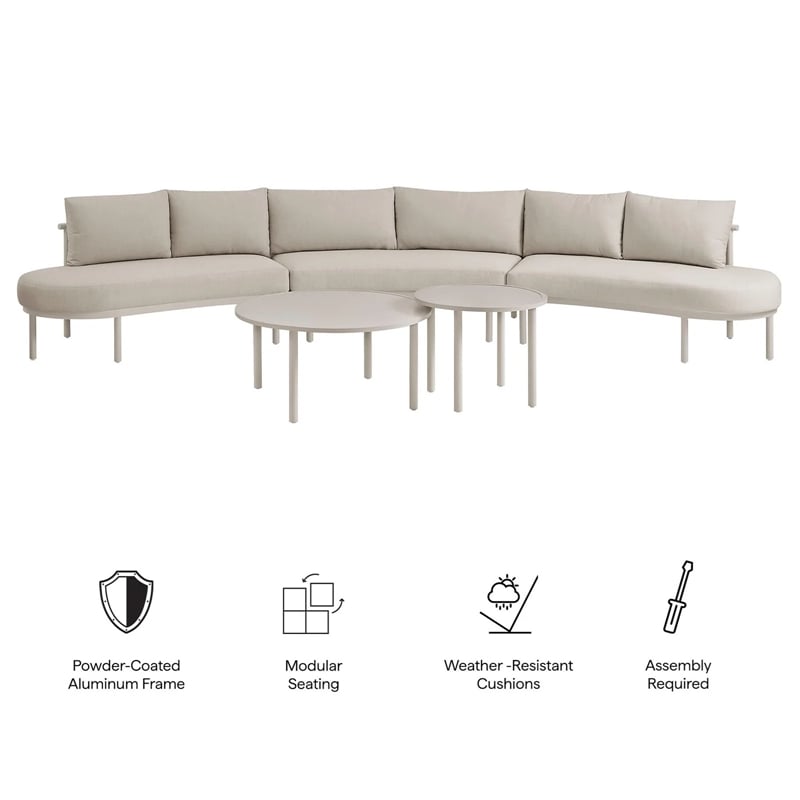 Modway Porta 5 Piece Outdoor Aluminum Modular Sofa Set in Khaki Stone