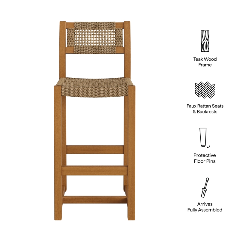 Reed 44 Inch Outdoor Outdoor Teak Wood Rattan Bar Stool in Natural