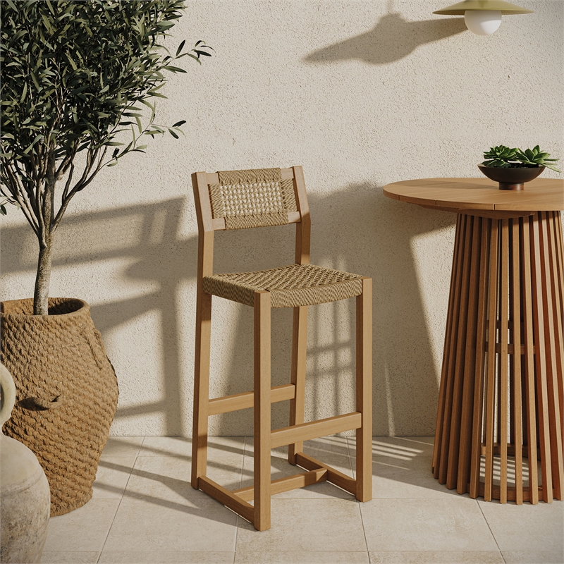Reed 44 Inch Outdoor Outdoor Teak Wood Rattan Bar Stool in Natural