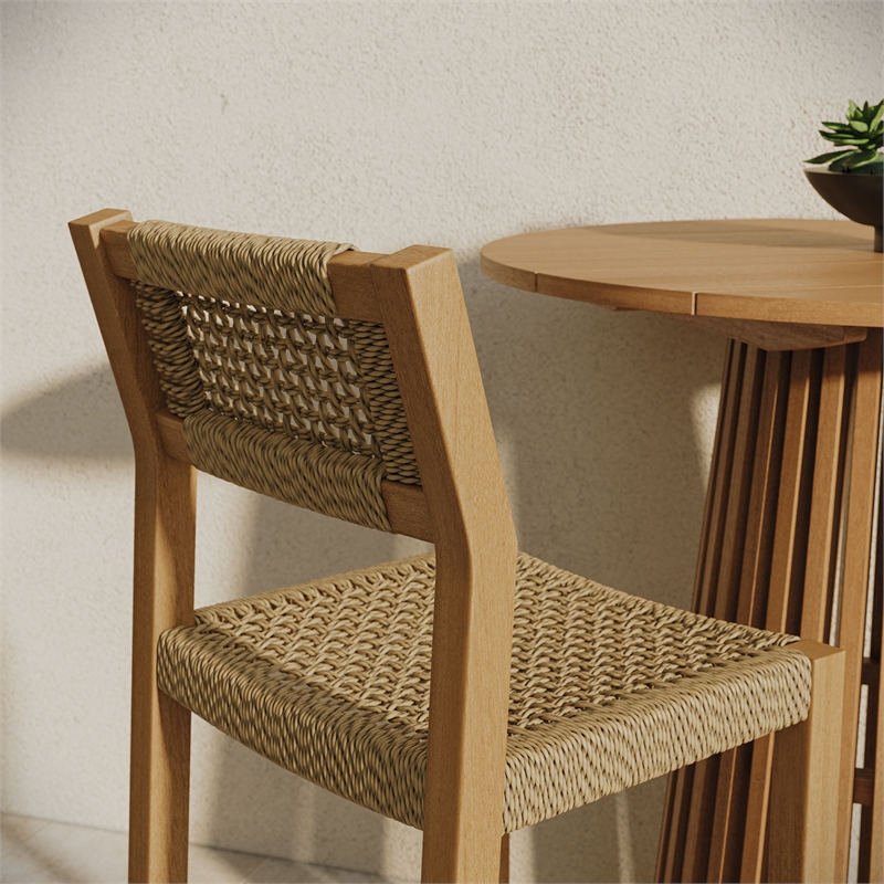 Reed 44 Inch Outdoor Outdoor Teak Wood Rattan Bar Stool in Natural