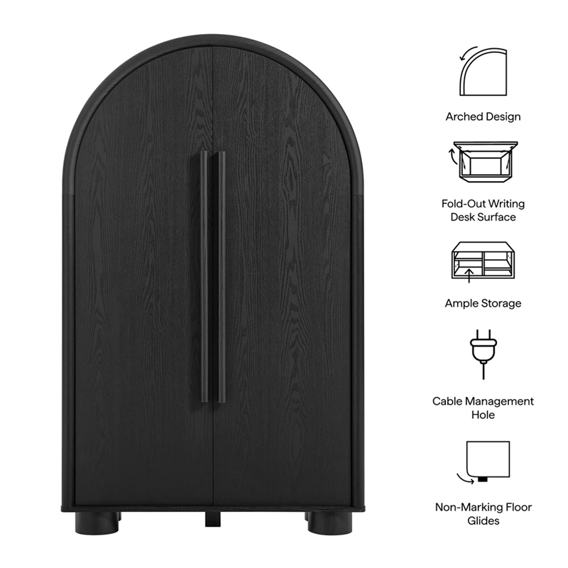 Modway Bellamy Arched Fold-Out Desk Cabinet in Black Oak