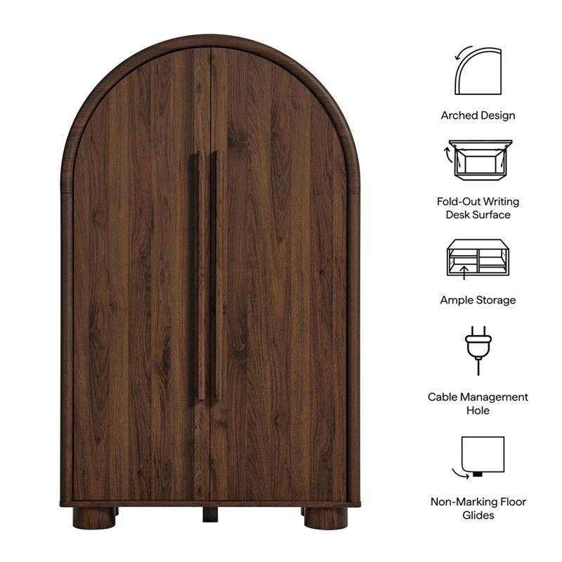 Modway Bellamy Arched Fold-Out Desk Cabinet in Walnut
