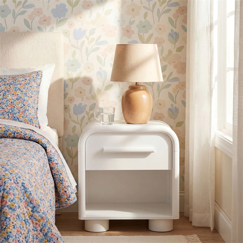 Modway Bellamy Curved 1-Drawer Nightstand in White Matte