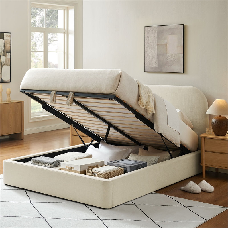 Keynote Queen Fabric Upholstered Storage Platform Bed in Ecru