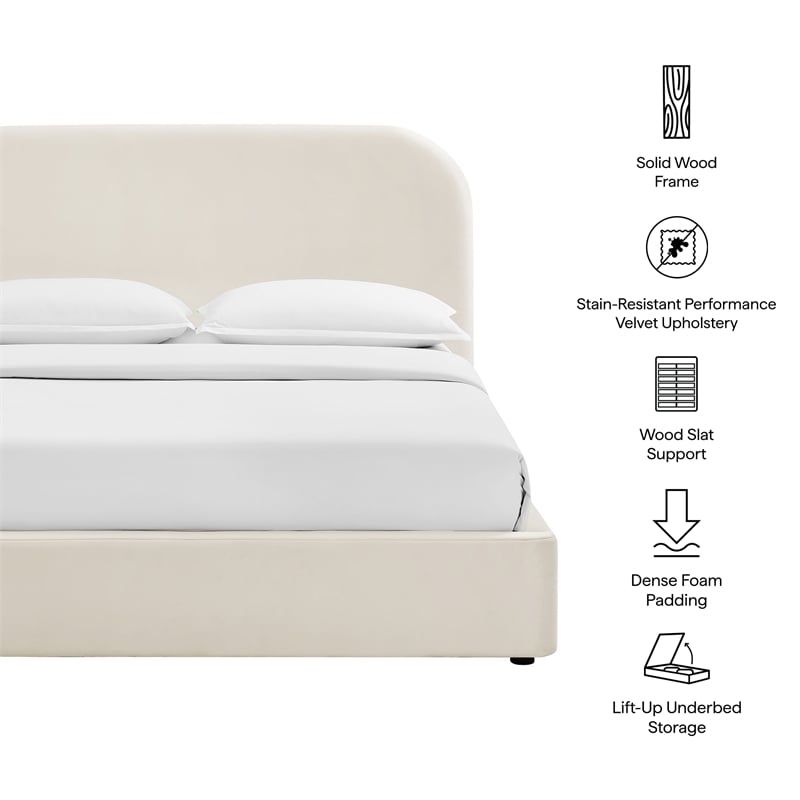 Keynote Queen Performance Velvet Storage Platform Bed in Alabaster