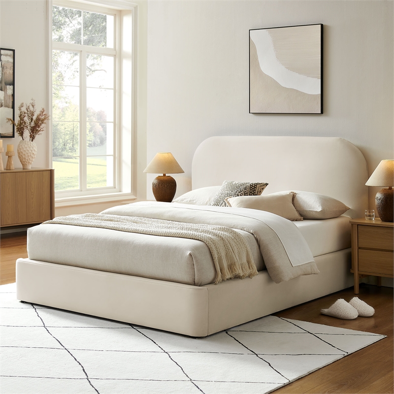 Keynote Queen Performance Velvet Storage Platform Bed in Alabaster