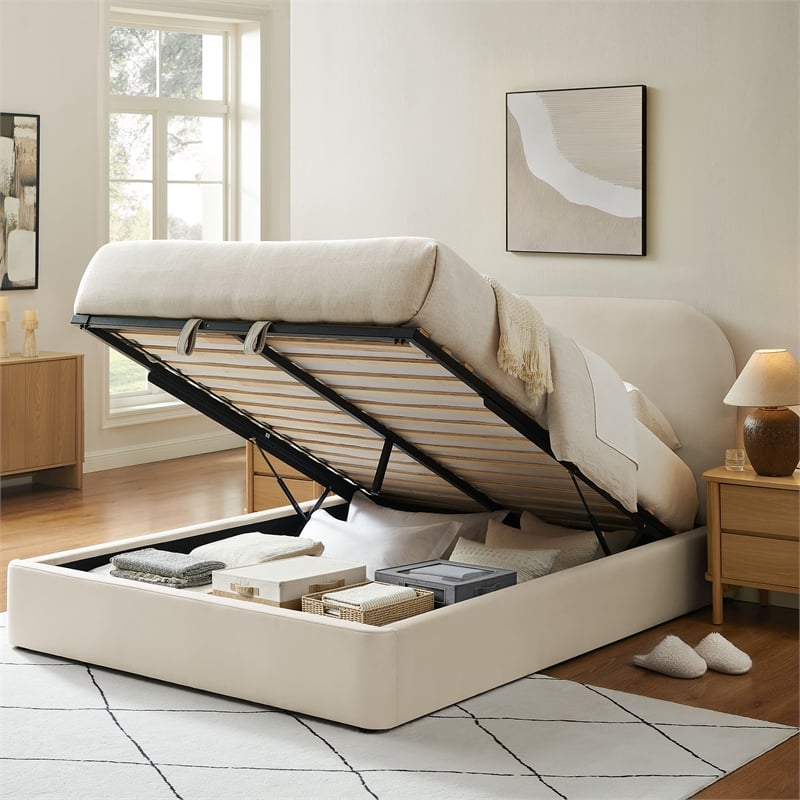 Keynote Queen Performance Velvet Storage Platform Bed in Alabaster