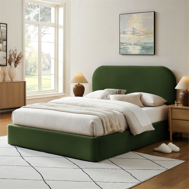 Keynote Queen Performance Velvet Storage Platform Bed in Moss Green