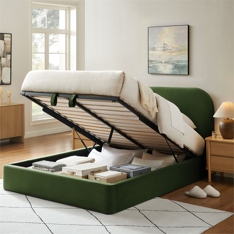 Keynote Queen Performance Velvet Storage Platform Bed in Moss Green