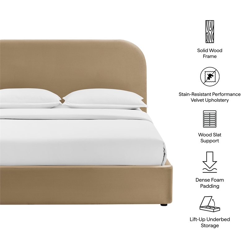 Keynote Queen Performance Velvet Storage Platform Bed in Taupe