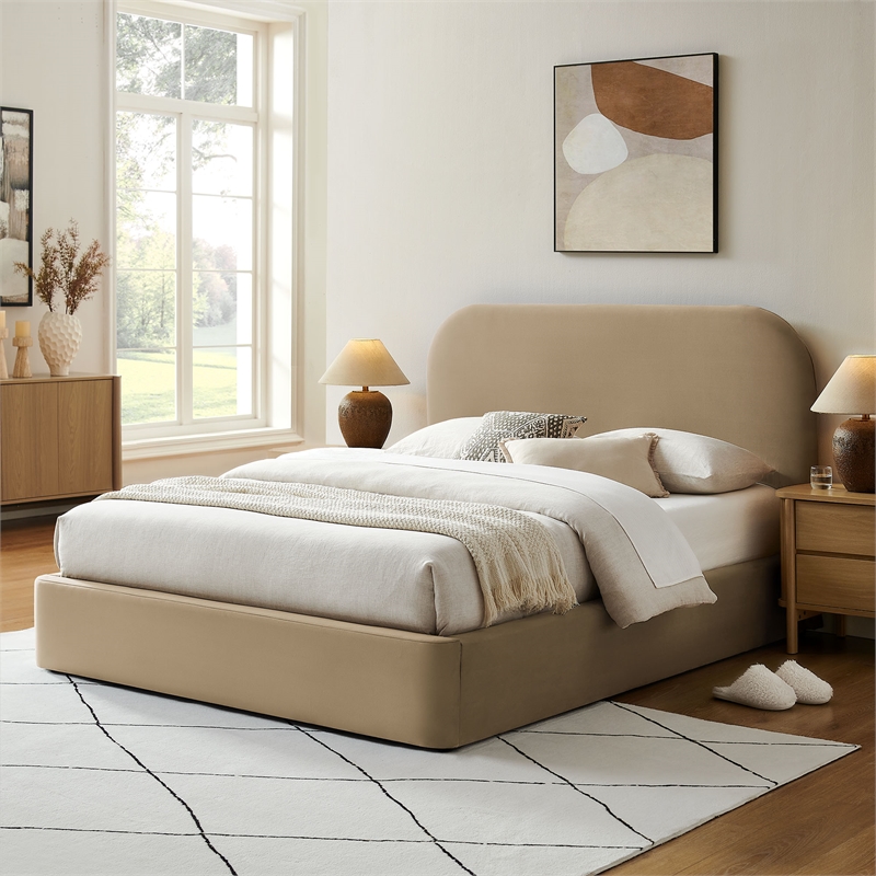 Keynote Queen Performance Velvet Storage Platform Bed in Taupe