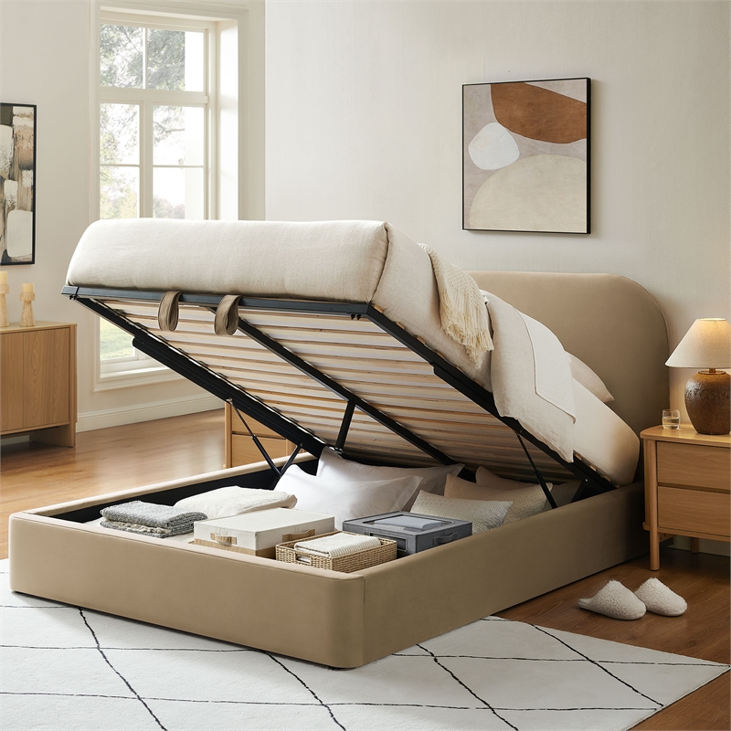 Keynote Queen Performance Velvet Storage Platform Bed in Taupe