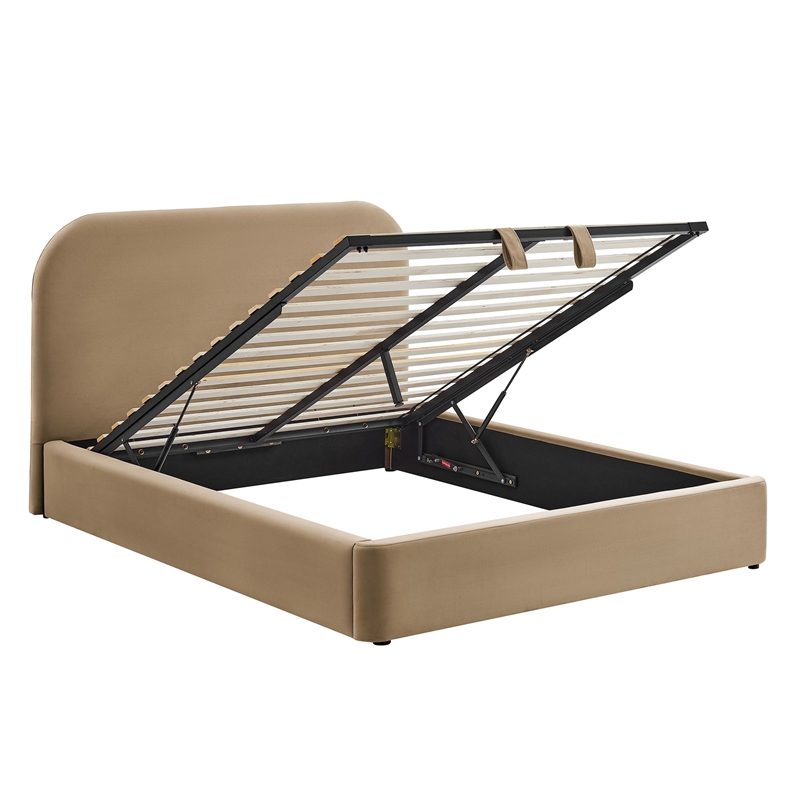 Keynote Queen Performance Velvet Storage Platform Bed in Taupe