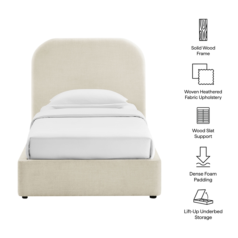Keynote Twin Fabric Upholstered Storage Platform Bed in Ecru