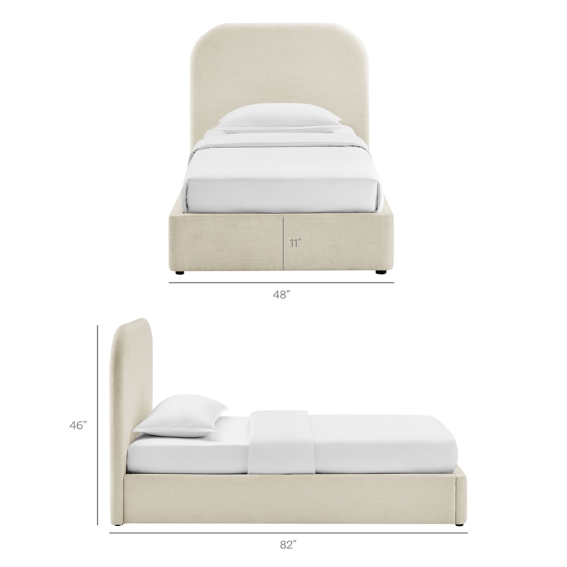 Keynote Twin Fabric Upholstered Storage Platform Bed in Ecru