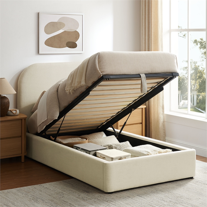 Keynote Twin Fabric Upholstered Storage Platform Bed in Ecru