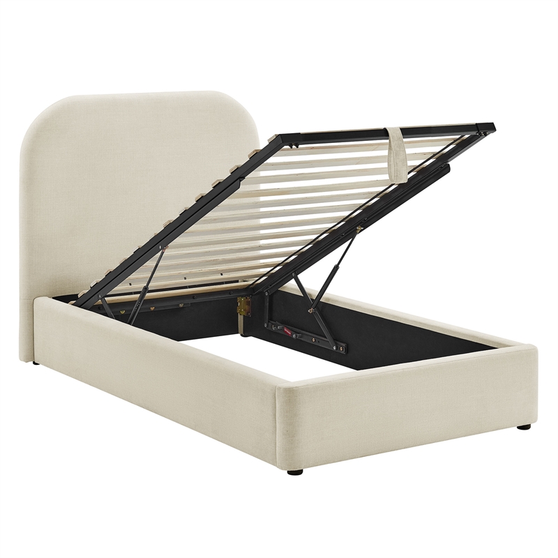 Keynote Twin Fabric Upholstered Storage Platform Bed in Ecru